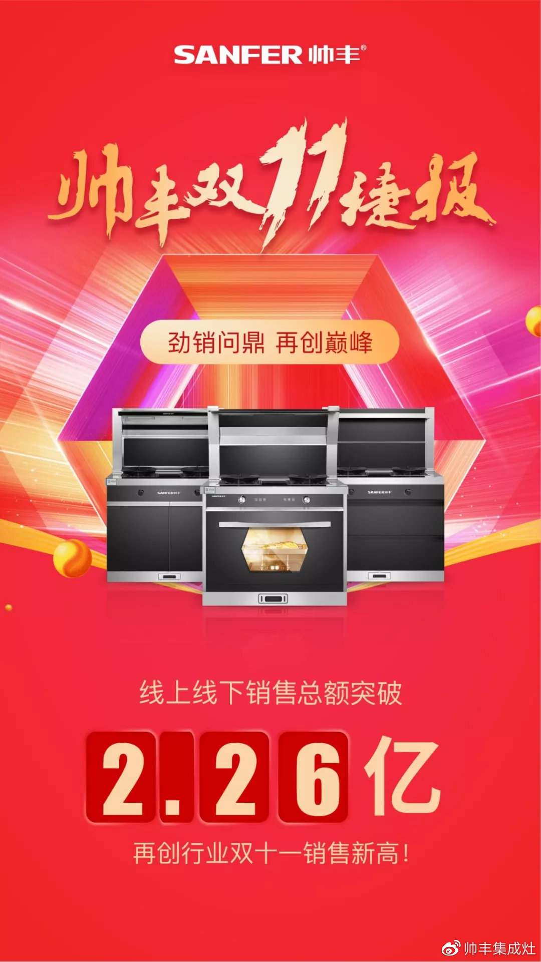 双11帅丰线上线下销量全面劲增，销售额破2.26亿！