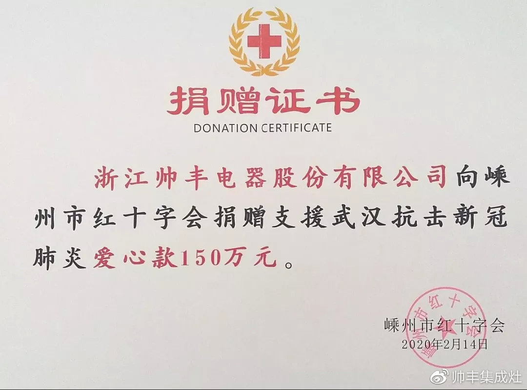 企业新闻 | 抗击疫情贡献突出，帅丰被授予博爱功勋奖