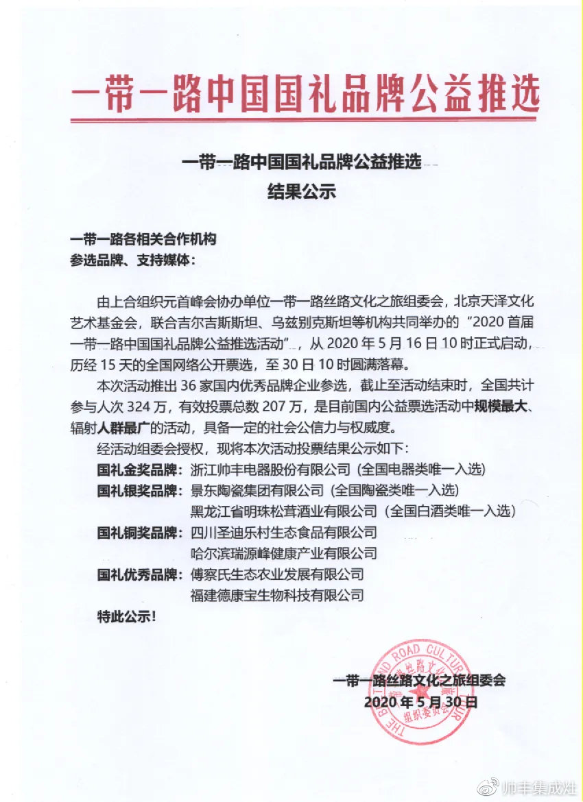 喜报 | 行业唯一！帅丰集成灶获一带一路国礼金奖品牌